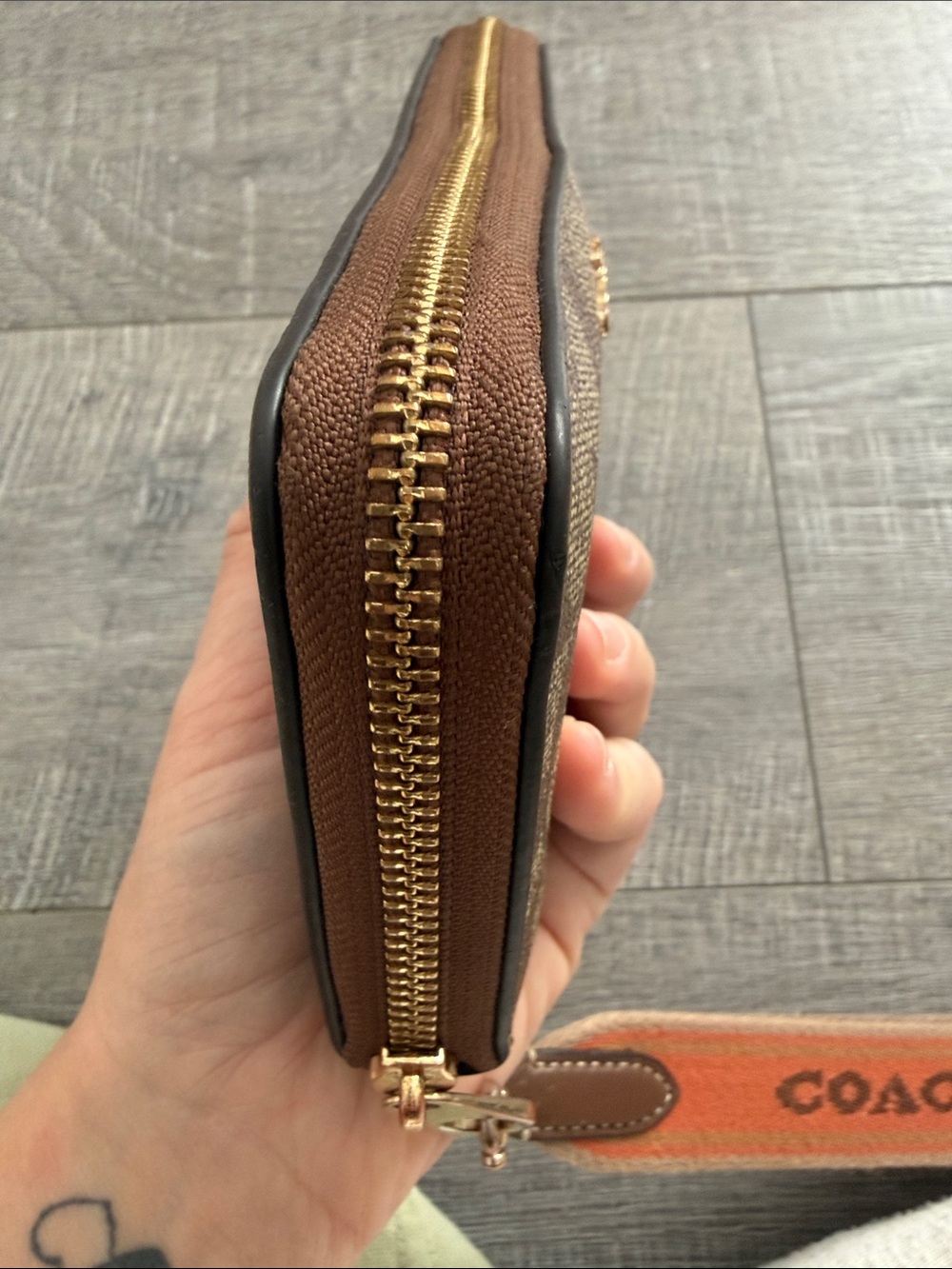 Coach Brown Signature Canvas Wristlet with Orange Strap - Picture 7 of 13